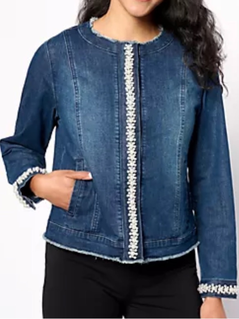 LOGO Lori Goldsmith Pearl Trimming Denim Jacket 20W NEW